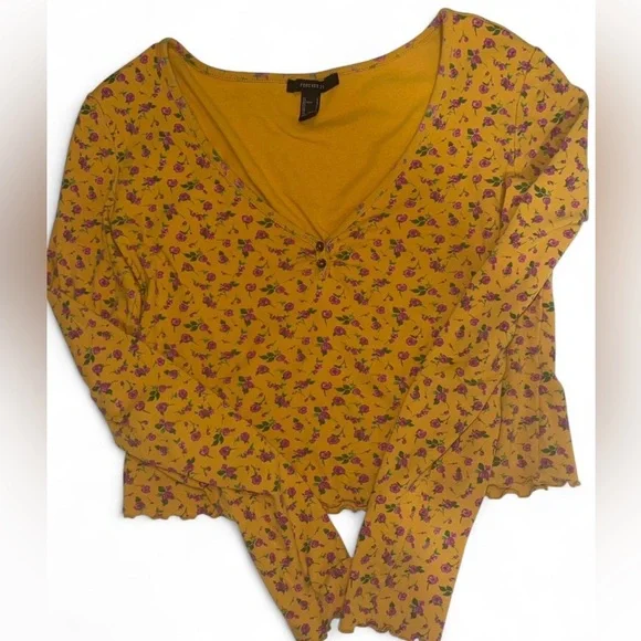 Forever 21 Yellow Floral Crop Top V-Neck Henley Long - Picture 3 of 4
